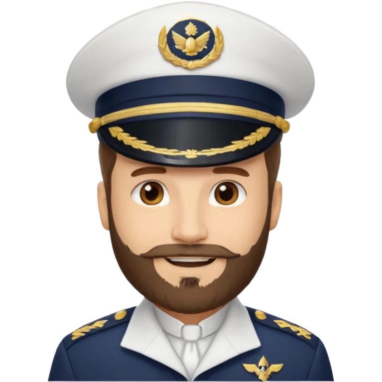 A light-skinned man with brown eyes and a beard, smiling while wearing a white captain’s hat with a navy emblem. emoji