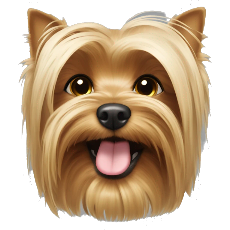 Yorkshire Terrier, longer hair covering his face, long bangs, blinking, smiling, tongue out emoji