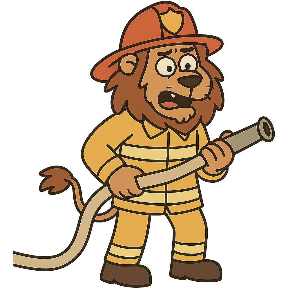 lion fireman holding a hose, cartoon style emoji