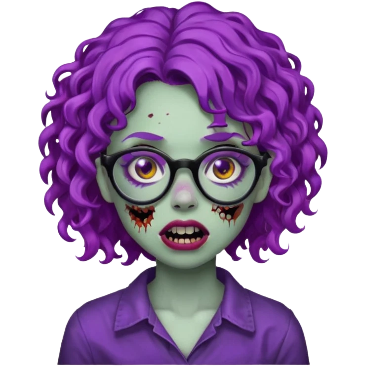 Crie uma garota zumbi com cabelo cacheado roxo, óculos preto e sardas com a boca meio cortada do lado emoji