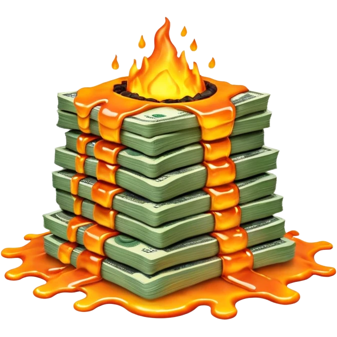 Transform the stack of money into lava money: make the bills appear to be melting and turning into glowing, molten lava with realistic textures and dramatic lighting. Keep the background transparent. The style should reflect a realistic molten lava effect with glowing and melting details. emoji