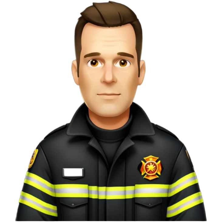 Firefighter in black coat with neon yellow stripes and no hat emoji