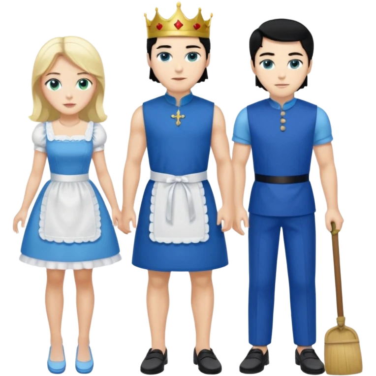 King, black hair, body, legst, blue eyes, blue garmont,  shoes, maid blonde hair, green eyes, sexy short sleveless White dress, shoes emoji