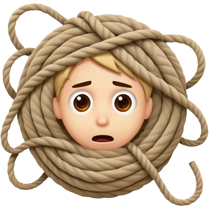 A cartoon person comically tangled and wrapped in rope with a silly surprised expression, looking confused emoji