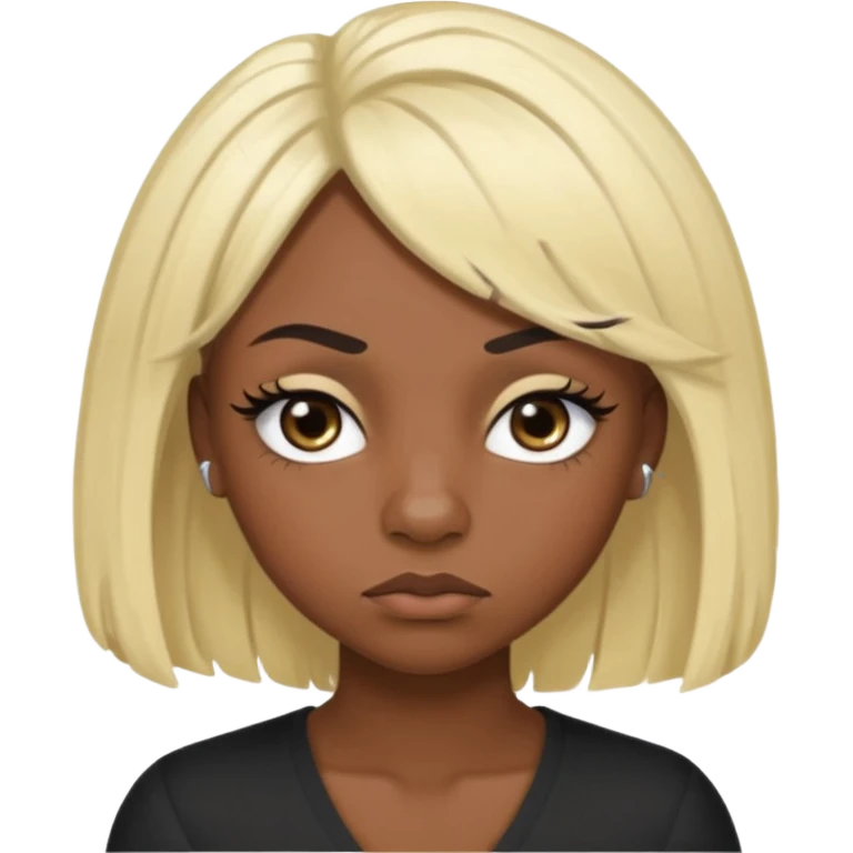 crée moi une jeune adulte noir au yeux brider marron foncer et une perruque blonde avec des baby hairs percing au nez et des gros faux cils bien charger , une fille un peu 92i emoji
