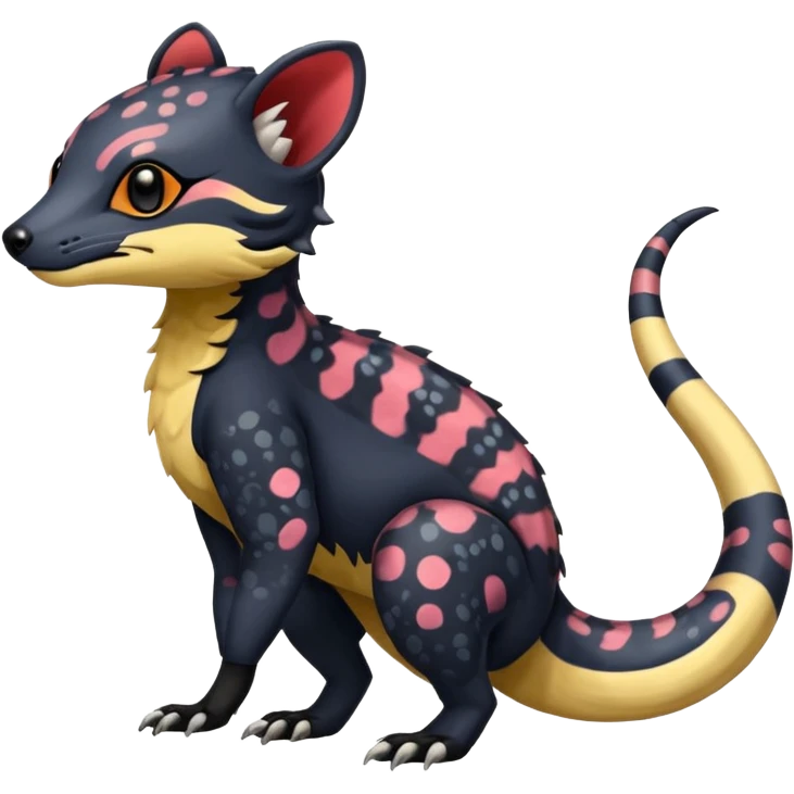 Rare warm-colored exotic cute epic aesthetic colorful Salandit-Civet-species-Fakemon-hybrid-creature, with markings, full body emoji