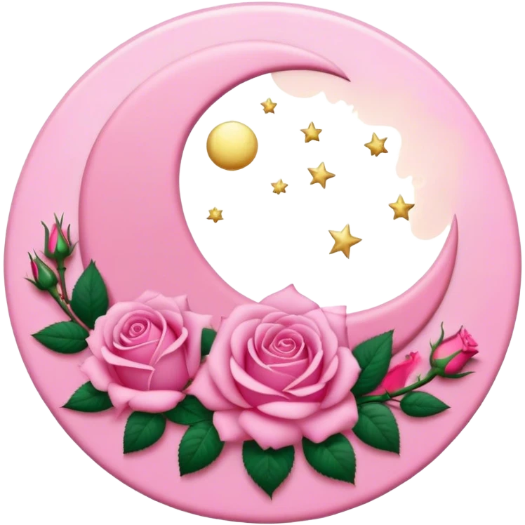 A round pink button with a crescent damask moon and pink roses in the center emoji