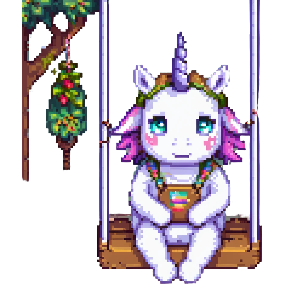 Place the unicorn on a swing in pixel art style. The unicorn remains dirty, crumpled, with bags under its eyes, a drooping horn, and a bright shiny headband. Maintain the pixel art style look. emoji