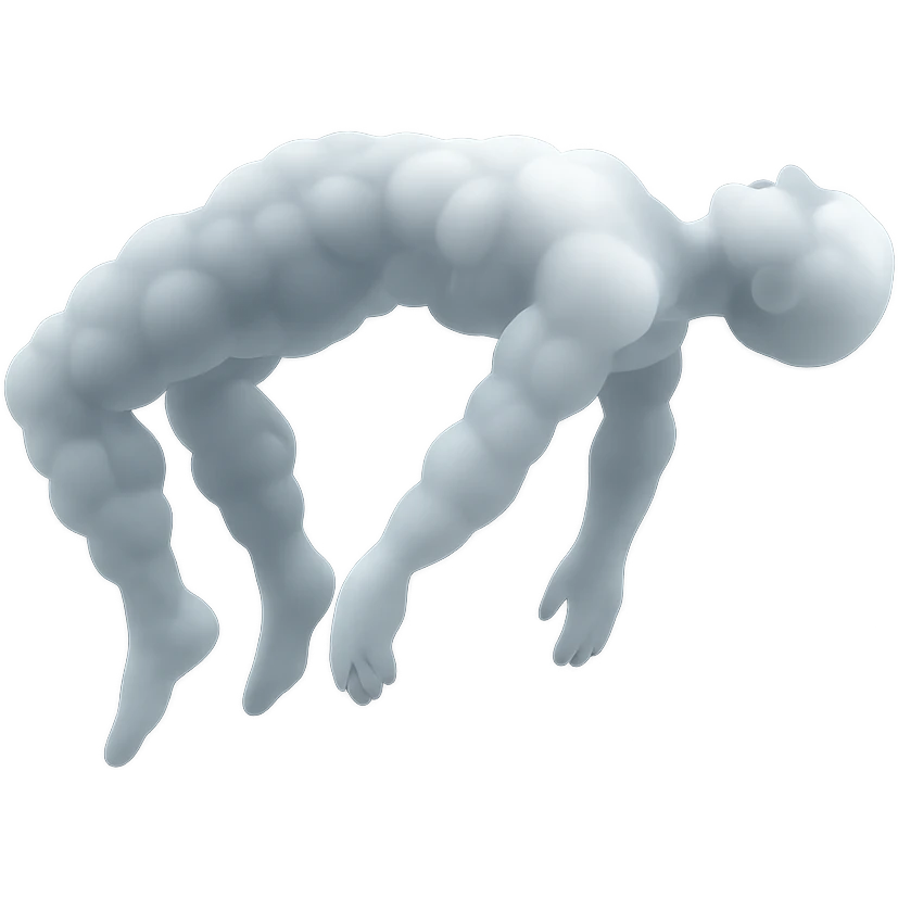 side view of unconscious person flying with torso upwards and legs and arms downwards, made of small very bright white fluffy convex clouds, matte glass style emoji