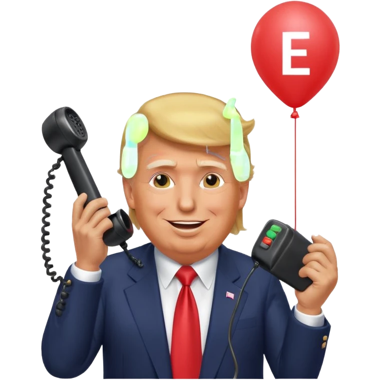 Дональд Трамп  улыбается в поте лица качает через насос в виде телефонного аппарата, который подключен к шарику, который символизирует фондовый рынок и на нём написано IMOEX emoji