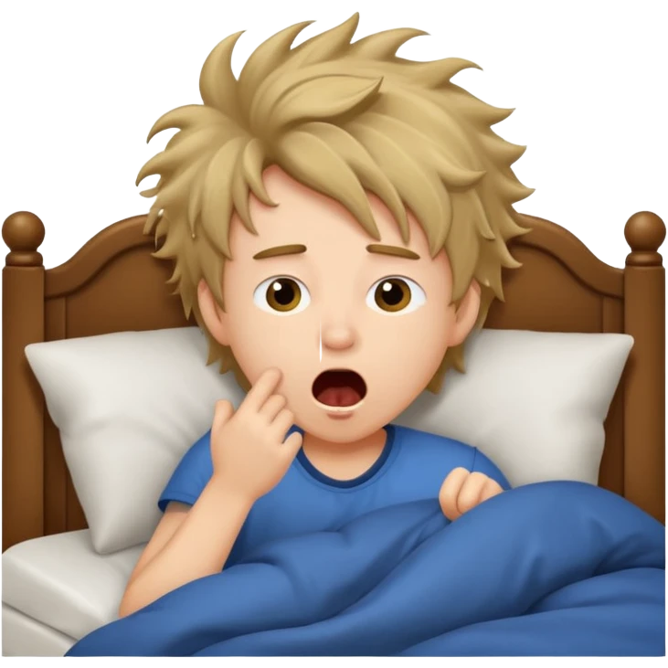 emoji- of a cute boy waking up in bed. He is yawning or rubbing his eyes.  emoji