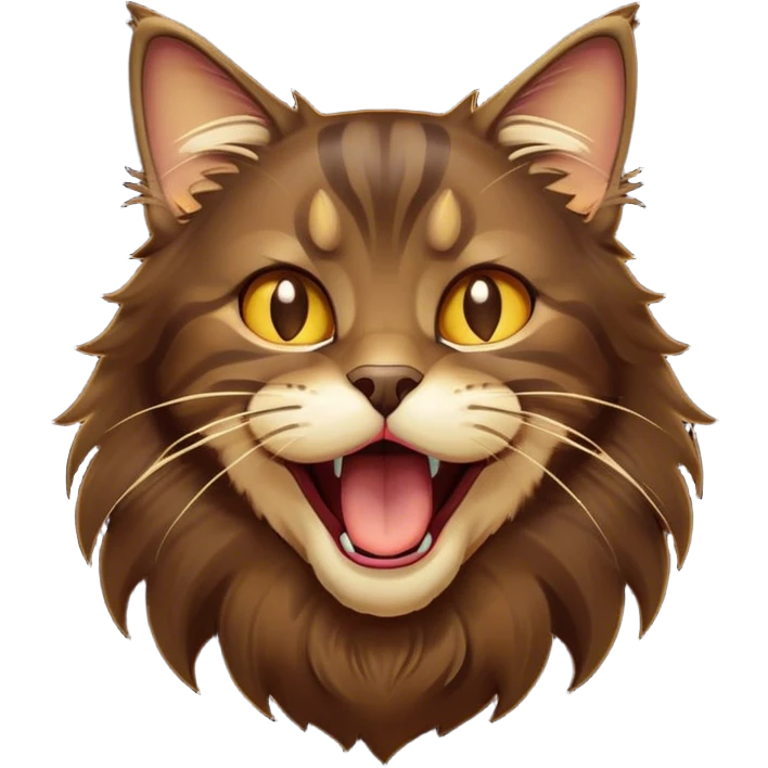 Cinematic Cute Dark Brown Maine Coon Cat Portrait Emoji, Head tilted playfully and yawning, sleek deep brown and gold tones with subtle hints of black, Simplified yet adorable features, highly detailed, glowing with a warm, friendly glow, high shine, curious and affectionate, stylized with a touch of whimsy, bright and alert, soft glowing outline, capturing the essence of a mischievous yet loving kitten, so endearing it feels like it could leap out of the screen and stretch with its fluffy tail swishing! emoji