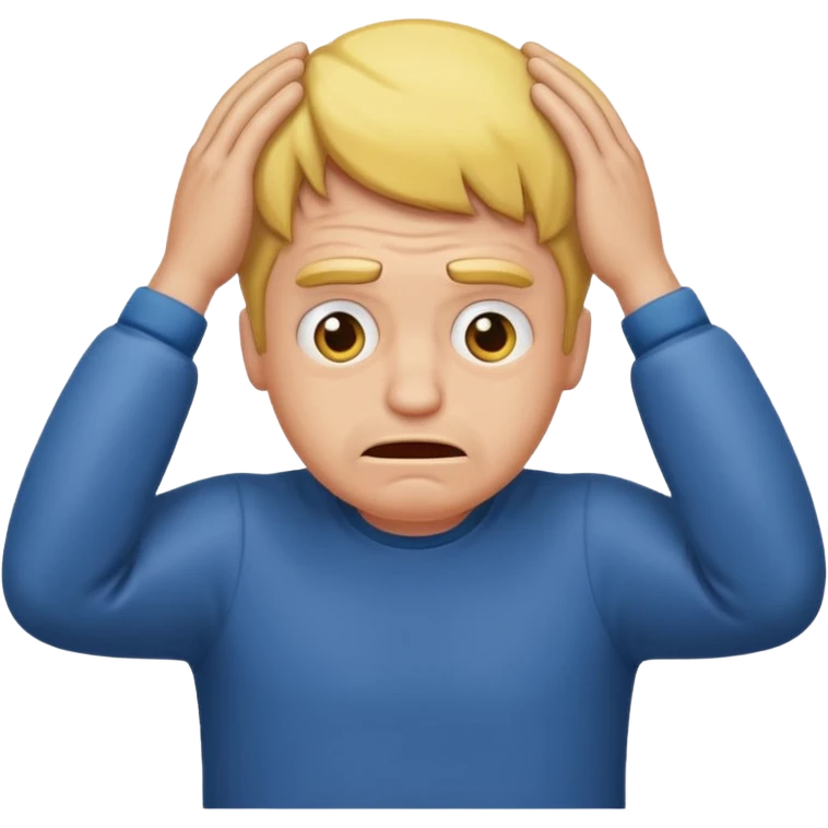 A white man sits at his desk, clutching his head in his hands. emoji
