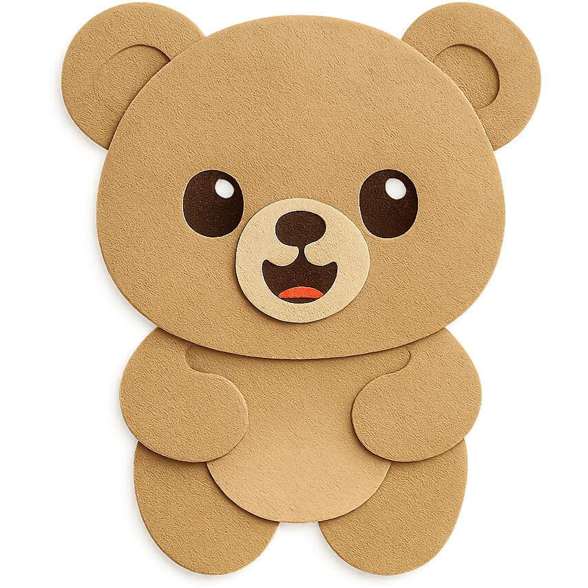 Apply the exact same paper craft visual effect as the reference image to the cute little bear. Keep all bear features, pose, and colors unchanged: soft pastel brown, happy open-mouth smile, round face, big sparkling eyes, round ears, chubby body, extremely soft and cute expression, clean lines, transparent background. Only change the paper craft visual effect to match the reference image exactly. emoji