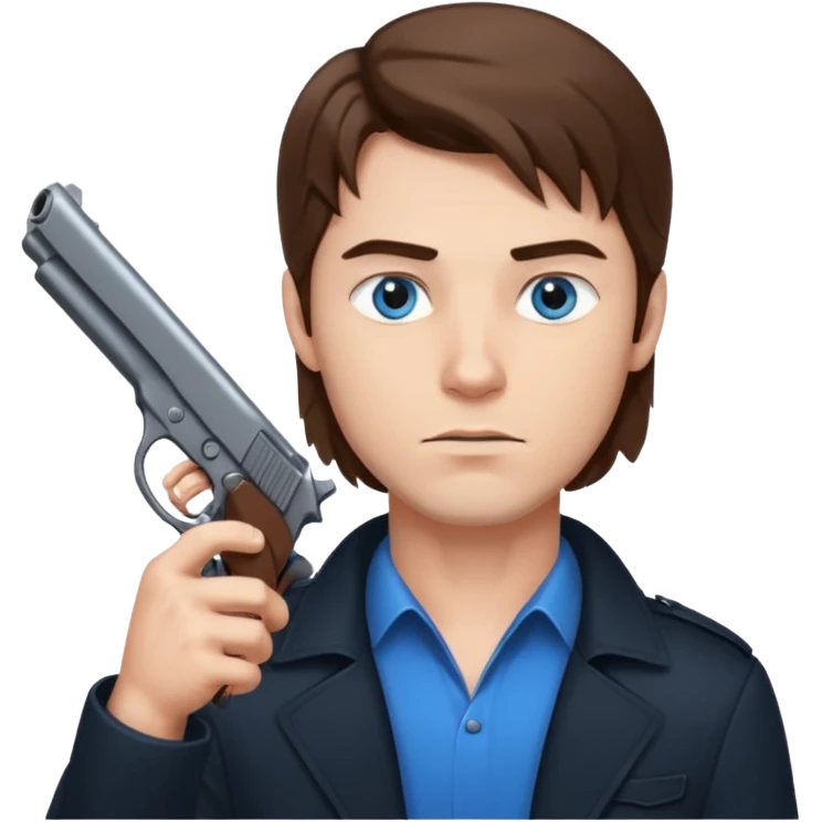 guy w medium long brown hair and blue eyes with gun pointed up at his chin emoji