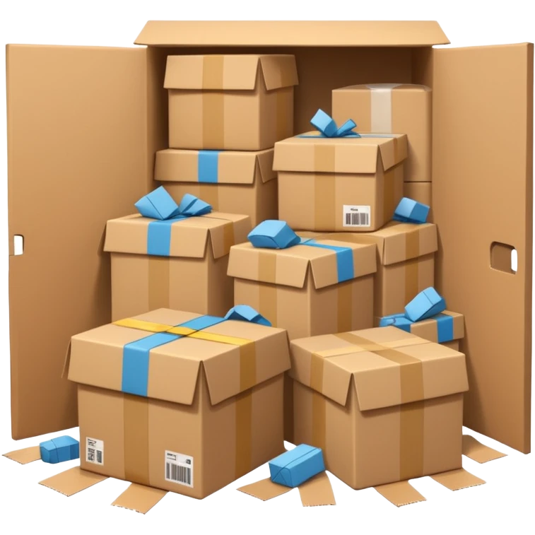 Generate a realistic emoji-style of a overfilled storage room where the packages are falling over emoji