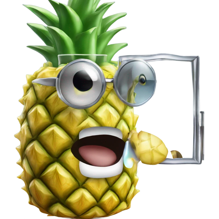 3D elegant pineapple🍍  with big shiny eyes 👀 pineapple holds mirror with its reflection 🪞🍍 emoji