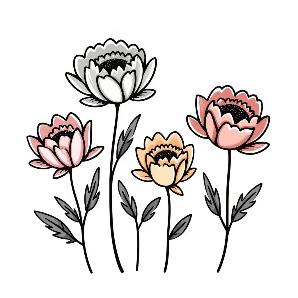 peony flowers with lush petals and leaves in pastel colors dd9fb0 ffc6d3 a3bfc9 c4bee2 f1b091, hand-drawn doodle style emoji