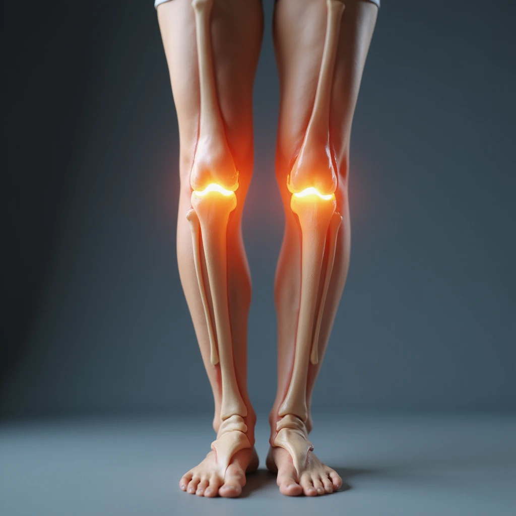 hyperrealistic 4K anatomical view of valgus knee, woman's legs standing, knees touching and ankles apart, bones and joint highlighted, white background, valgus deviation clearly visible, variant 2 with slightly changed angle emoji