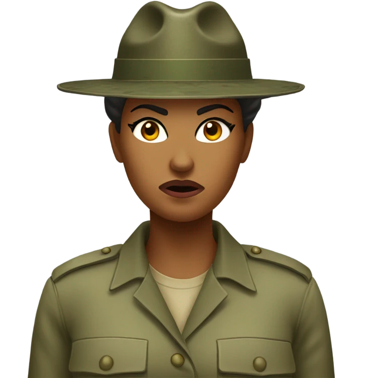 a female drill sergeant showing full torso wearing a classic sergeant hat and a camouflage army shirt. The character should have an angry intense expression.  emoji