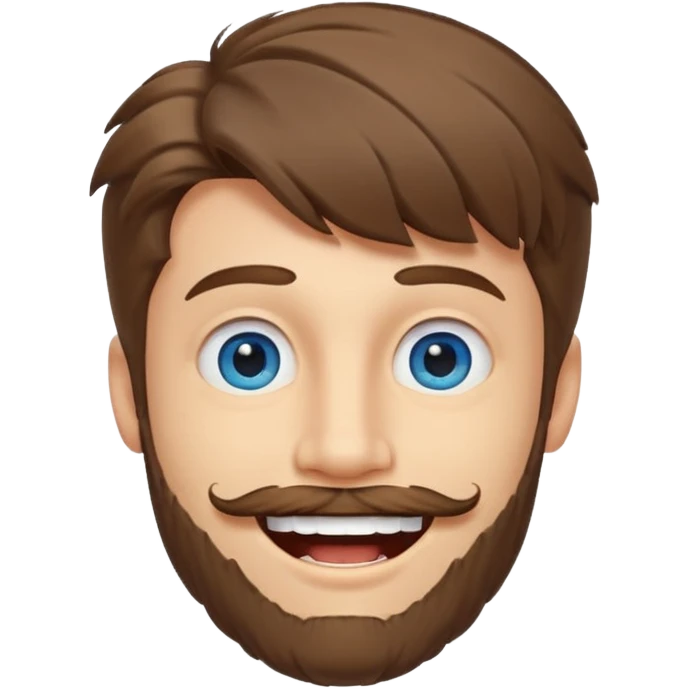 25 year old man, short scruffy beard and sparse moustache, brown puffy mullet, blue eyes, big smile, white teeth, big lips, pronounced jaw, hair longer in back, sticking up on top emoji