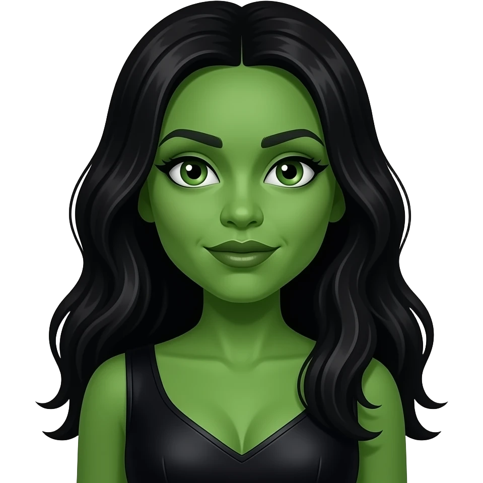Cynthia Erivo as Elphaba from Wicked with green eyes, long black hair, black outfit, green skin emoji