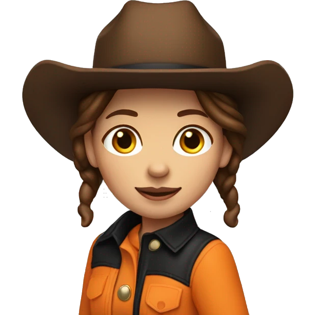 jumping brunette cow girl tan skin skin, orange burnt coat, black hat emoji