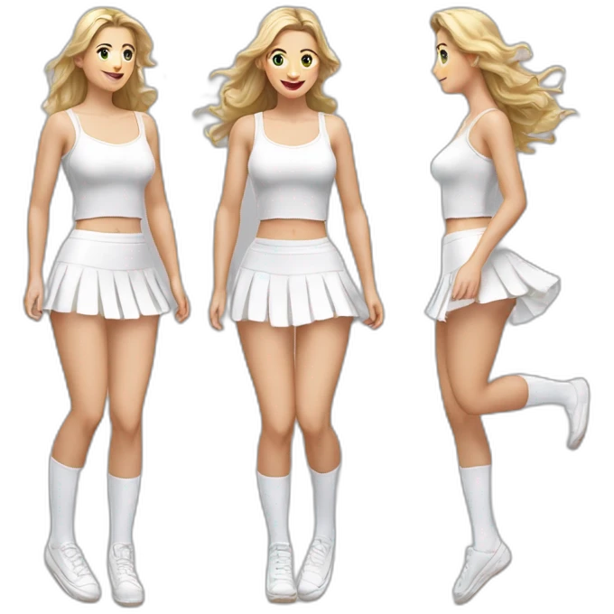 Hyperrealistic Full body Caucasian curvy beauty jumping short white skirt back and front views strong wind knickers long white socks emoji