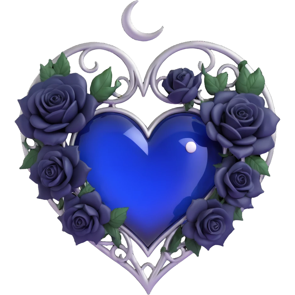mysterious gothic heart, midnight blue glass, silver crescent moon, large black roses embellishing the heart, rich and elegant emoji