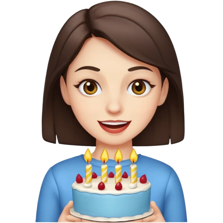 Brunette winking one eye and holding birthday cake emoji