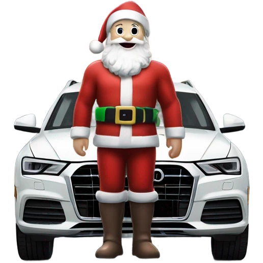 Santa Claus standing next to a white Audi Q3 with shiny rims and modern headlights in a festive, snowy setting. emoji
