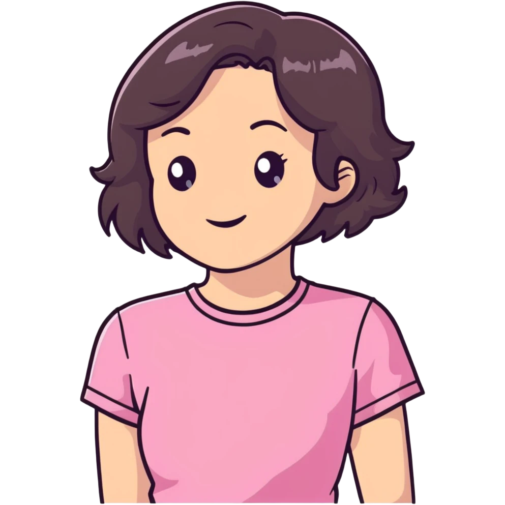 young brunette woman with short wavy hair to shoulders, wearing a pink t-shirt emoji