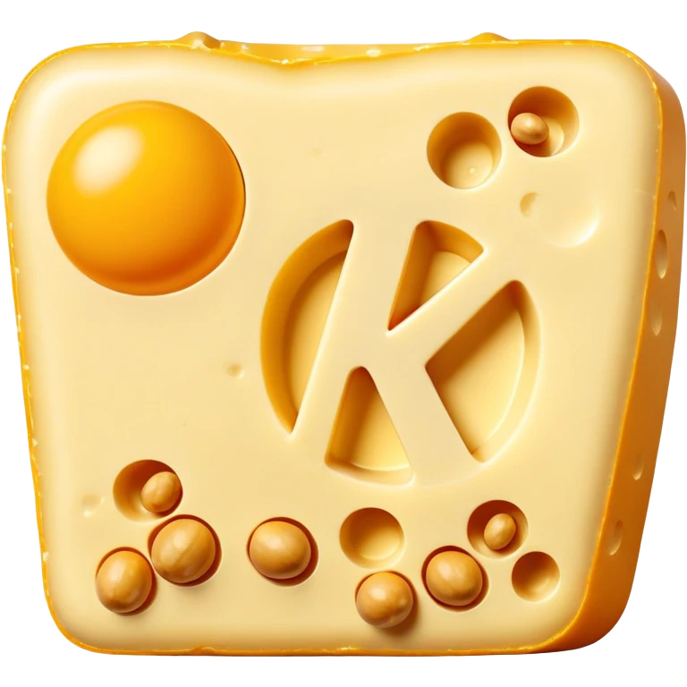 Ethereal glowing vitamin K2 symbol surrounded by aged cheese, golden egg yolk, and natto. A single bone floats nearby with a golden dot where calcium is being properly deposited, showing how K2 guides calcium to strengthen bones. emoji