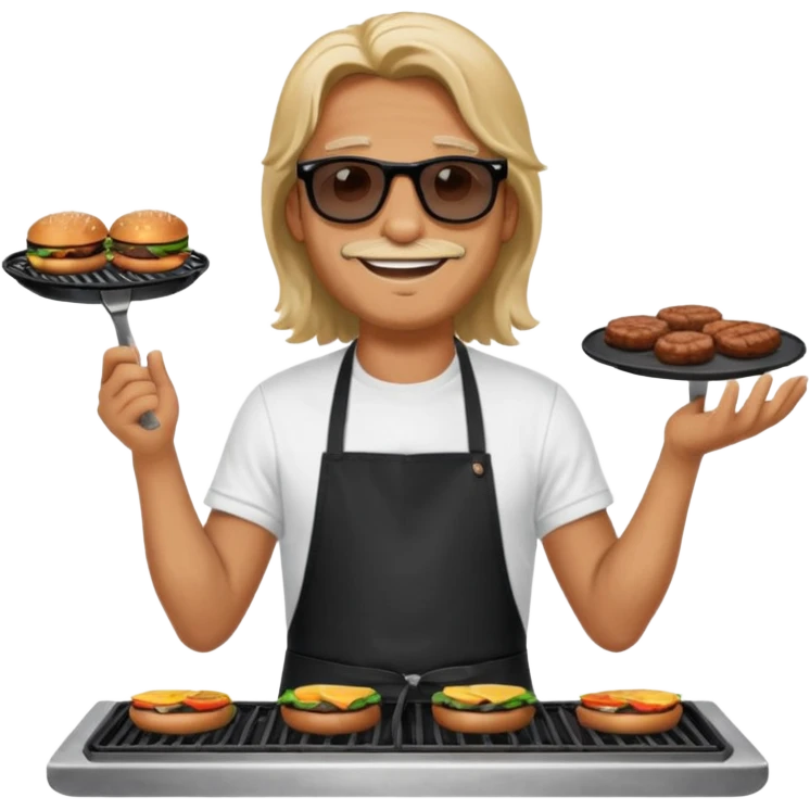 long hair man grilling wearing shade smiling in a white tshirt and a black apron grilling burger and meat on a sizzling grill emoji