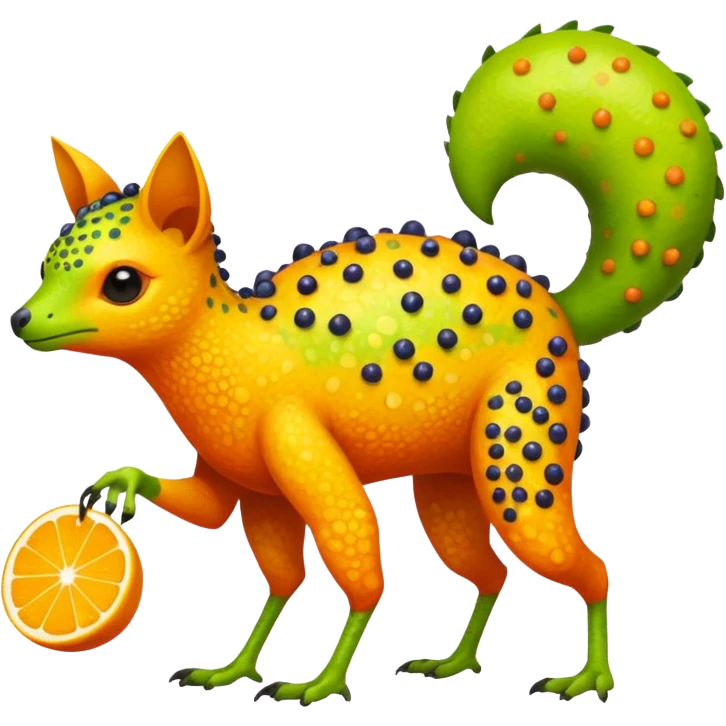 Bright Tropical Fruit-Colored Lime-Orange-Berry Speckled Vernid-Trico-creature inspired by LiLaiRa (full body) emoji