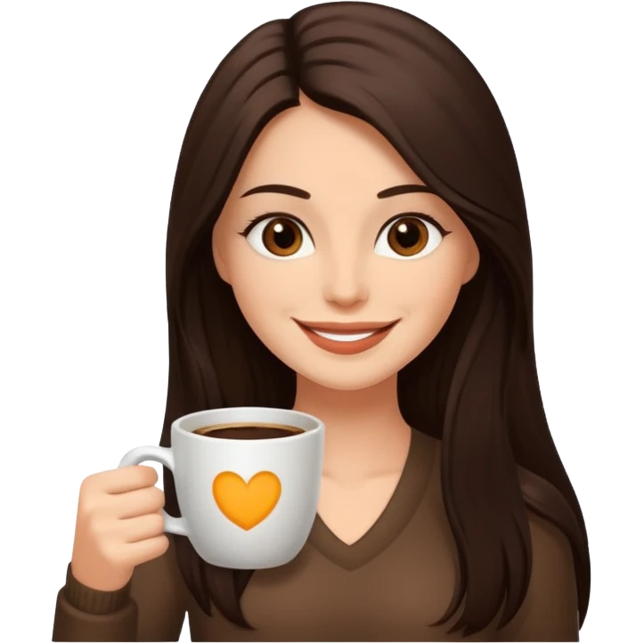 Straight Dark Brown long haired sexy woman smiling with dark brown eyes with cup of coffee emoji