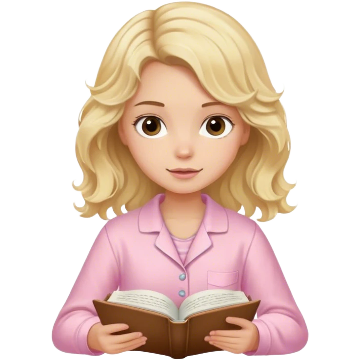 Blonde model with brown eyes, wavy hair, pastel pink pajamas, writing in journal  emoji