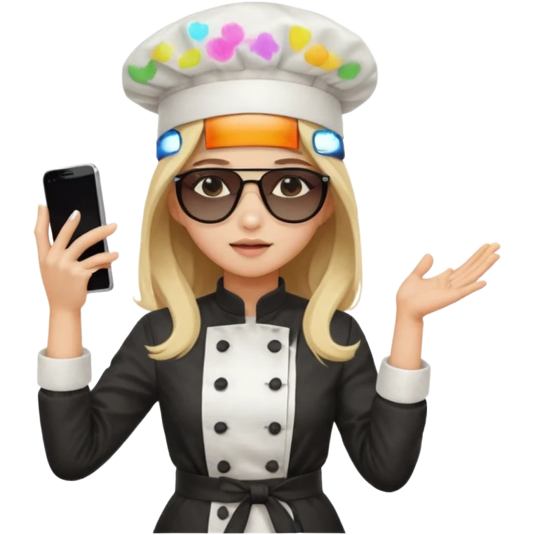 ["A sad woman with light skin, straight hair, wearing a chef hat and sunglasses, dressed in K-pop fashion, is dancing while holding a phone."] emoji