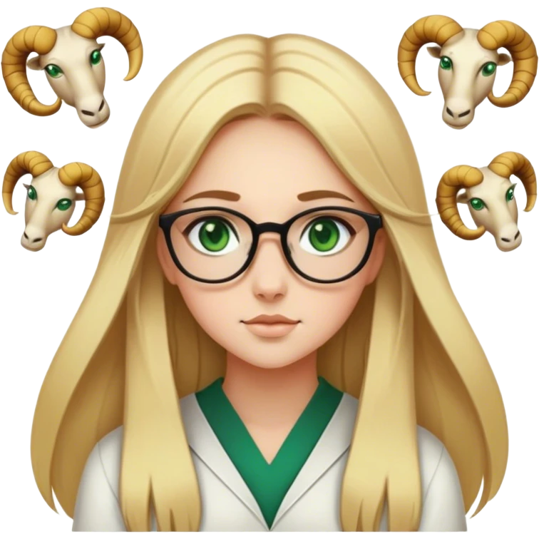 A blonde girl with long straight hair green eyes and glasses with astrological signs Aries Leo and Scorpio around her emoji