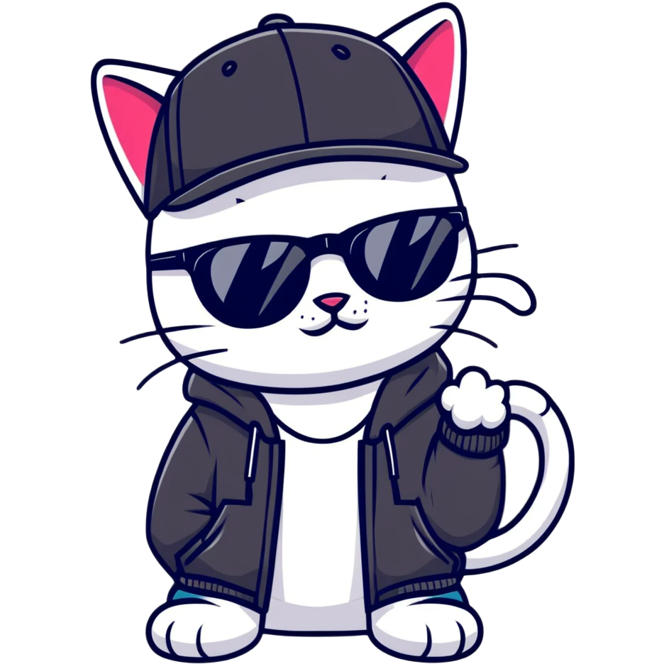 cat wearing a black snapback cap, black hoodie, and black sunglasses low on his nose that he is peering over, doing graffiti art with spray paint, street art style emoji