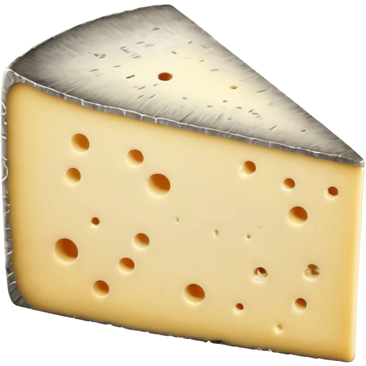 wedge of Tomme de Savoie cheese, firm pale yellow interior, thick rustic grey-brown rind, slightly mottled with natural mold, dense slightly grainy texture, clean cut, earthy appearance, soft lighting, subtle shadows, emoji scale emoji