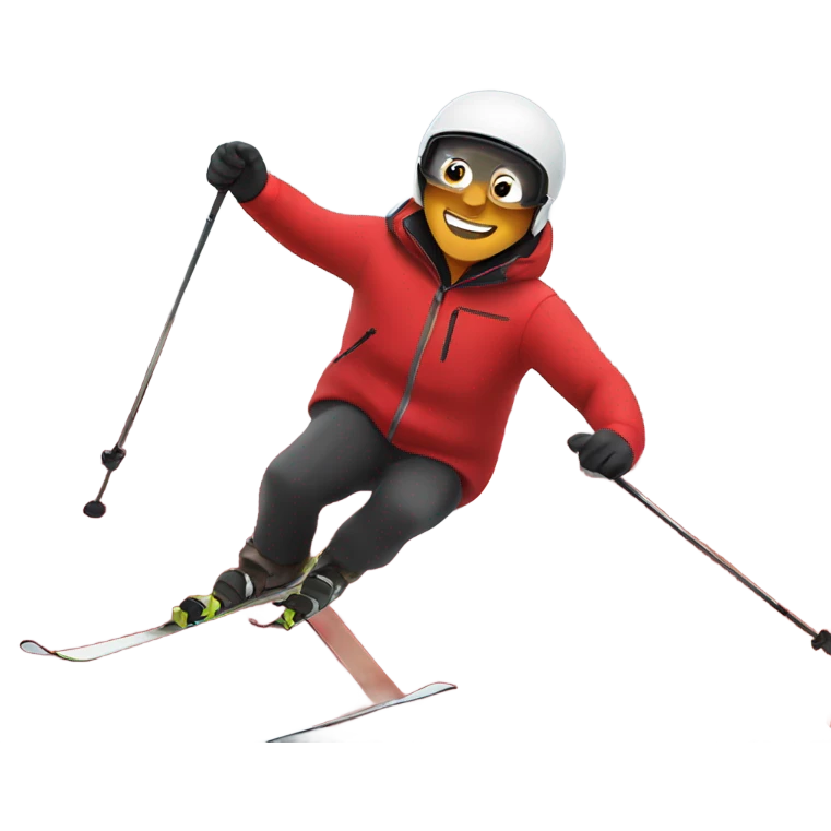 Boys skiing down the hill with a red jacket on and smoke flying behind his back emoji