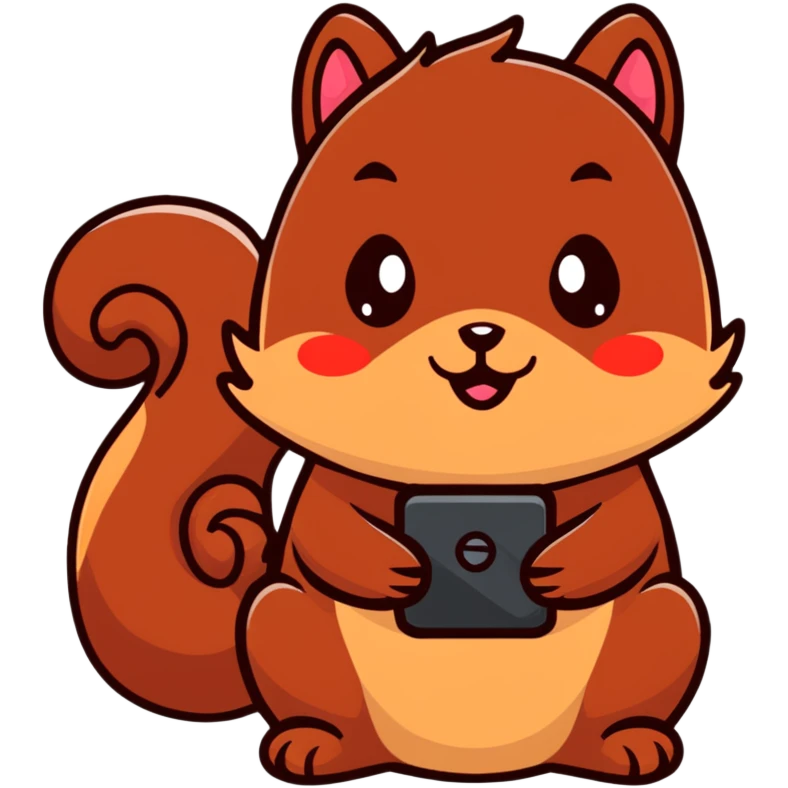 adorable brown squirrel with blushing red cheeks holding a smartphone emoji