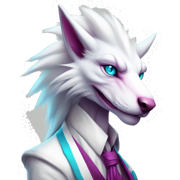White elegant beautiful natural cute badass epic anthro modern albino sergal-vernid-Fakémon with cyan mane and magenta eyes with cyan edgy stripes, full body emoji