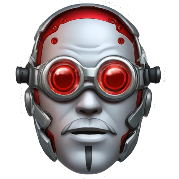 Red round male cyborg head with silver goggles, silver goatee and circuits emoji