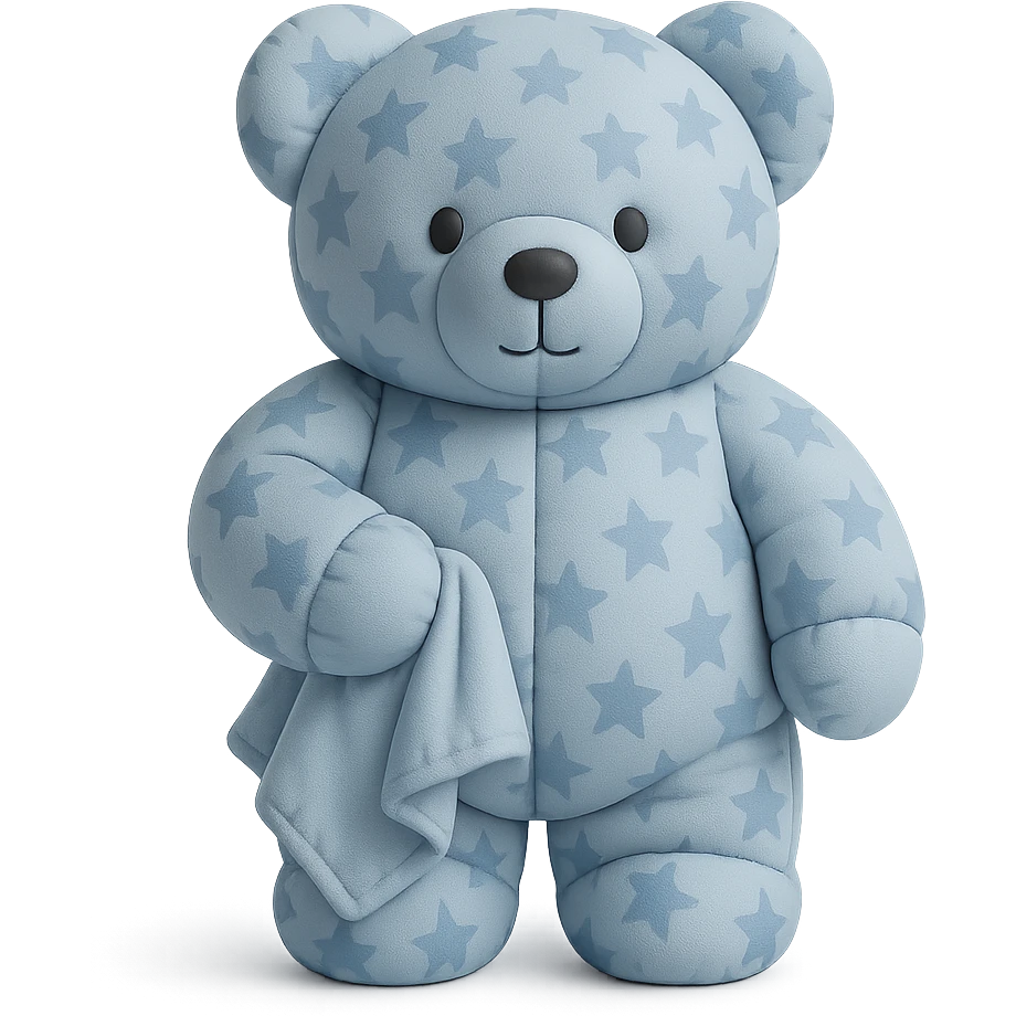 teddy bear in star-patterned pajamas holding a small blanket, cushion style emoji