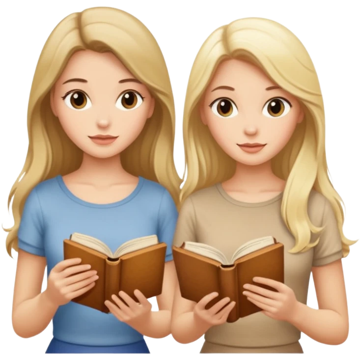 two beautiful girls in beige tops reading a beautiful vintage book. one brunette, the other blonde. both with long hair with and beige T-shirt  emoji