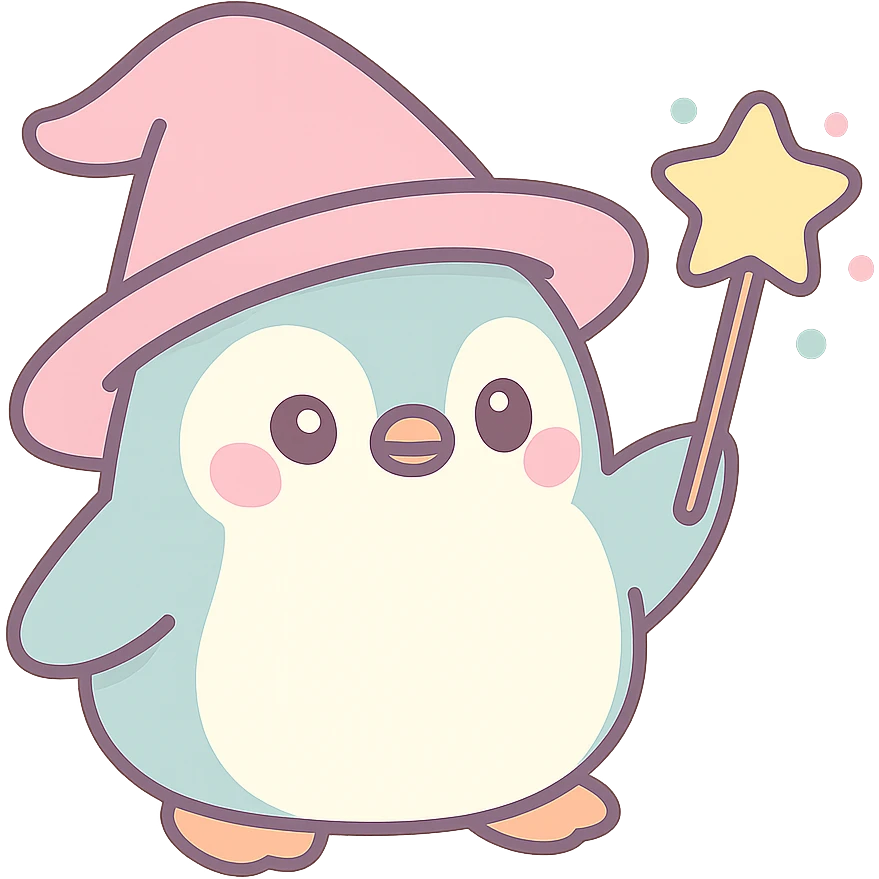 chubby penguin wizard with a big hat, casting a spell, whimsical style emoji