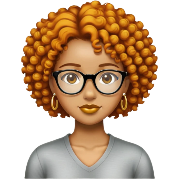 Add a gold nose piercing, gold septum piercing, and gold earrings to the light skin black woman with short ginger curly hair and glasses, neutral expression, in emoji style. emoji