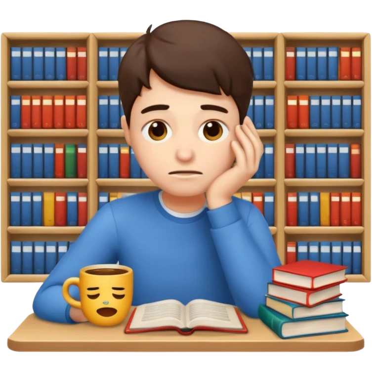 emoji student stressed with books and coffee, exam, tired, white background emoji